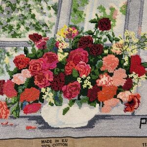 Vintage Completed Handmade Needlepoint Floral Arrangement Near Window Unframed